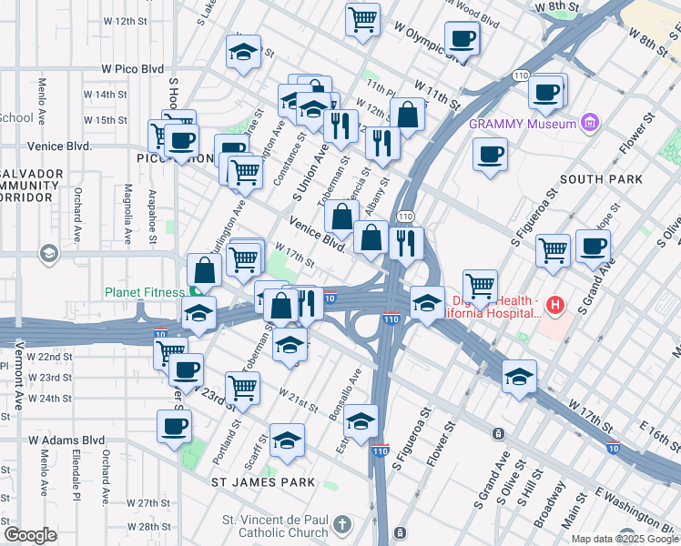 map of restaurants, bars, coffee shops, grocery stores, and more near 907 West 17th Street in Los Angeles