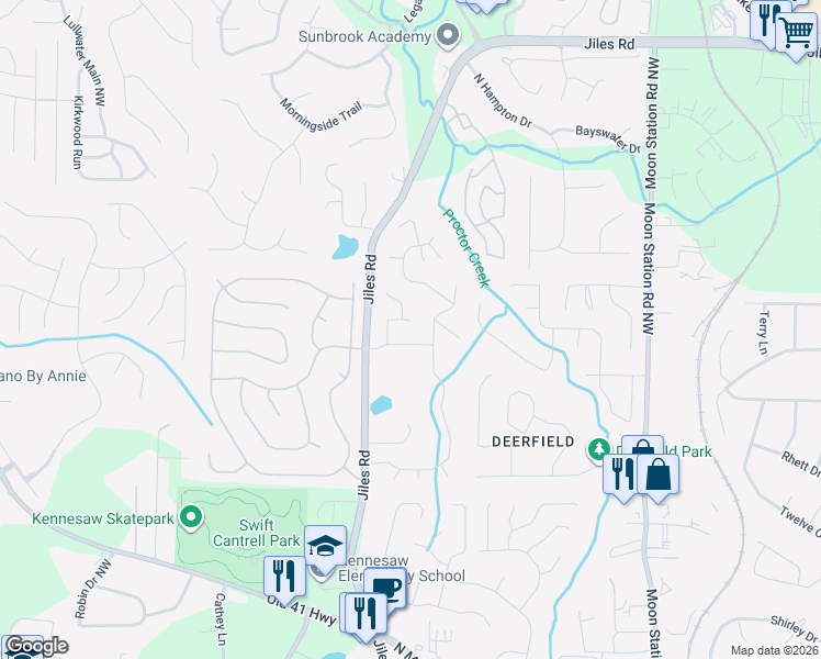 map of restaurants, bars, coffee shops, grocery stores, and more near 3720 Anna Court in Kennesaw