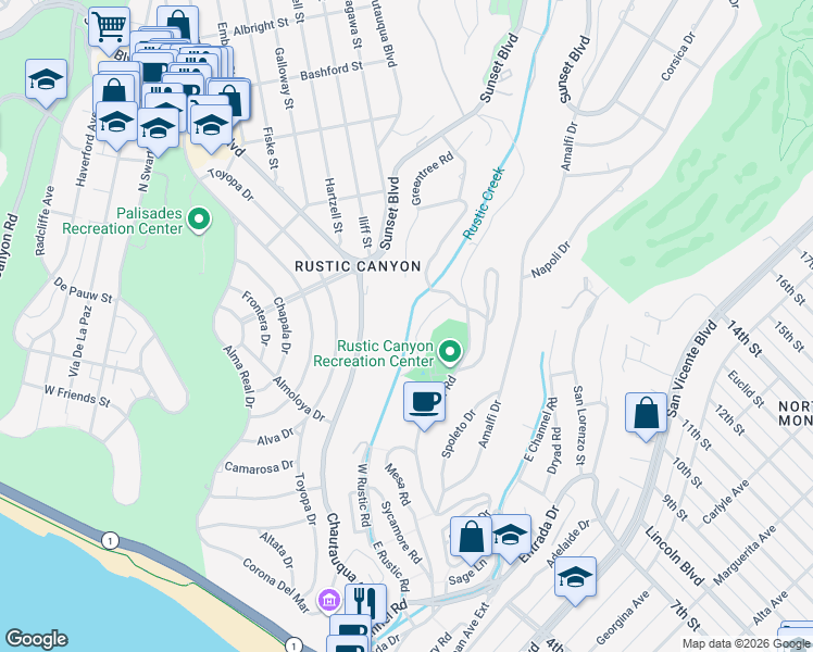 map of restaurants, bars, coffee shops, grocery stores, and more near 627 Hightree Road in Santa Monica
