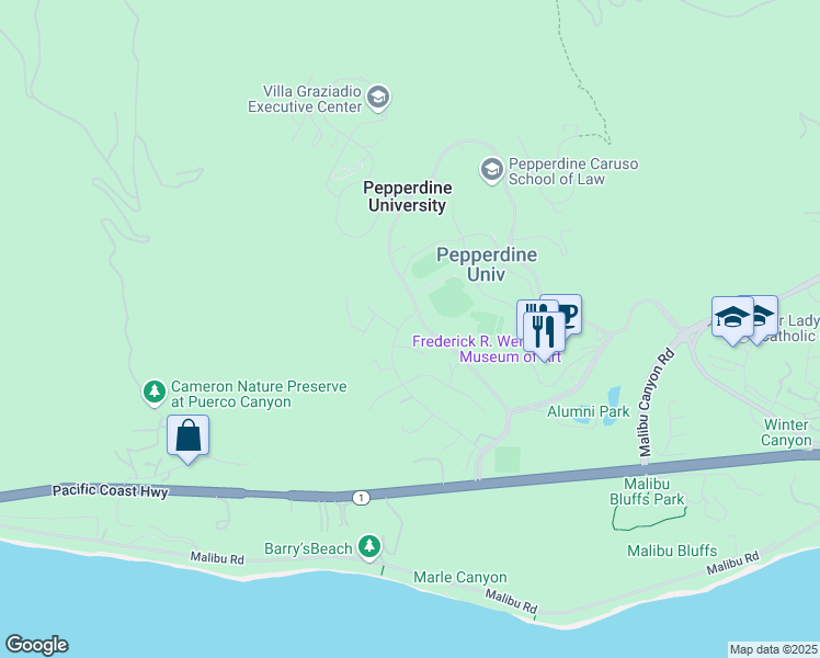 map of restaurants, bars, coffee shops, grocery stores, and more near 3516 Malibu Country Drive in Malibu