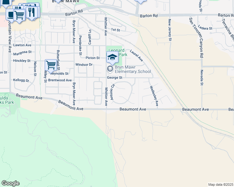 map of restaurants, bars, coffee shops, grocery stores, and more near 26311 Antonio Circle in Loma Linda