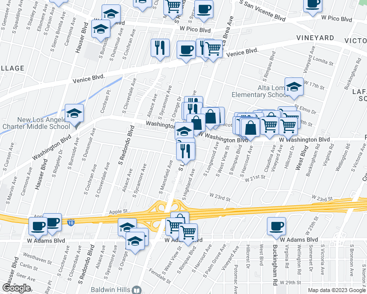 map of restaurants, bars, coffee shops, grocery stores, and more near 4950 West 20th Street in Los Angeles