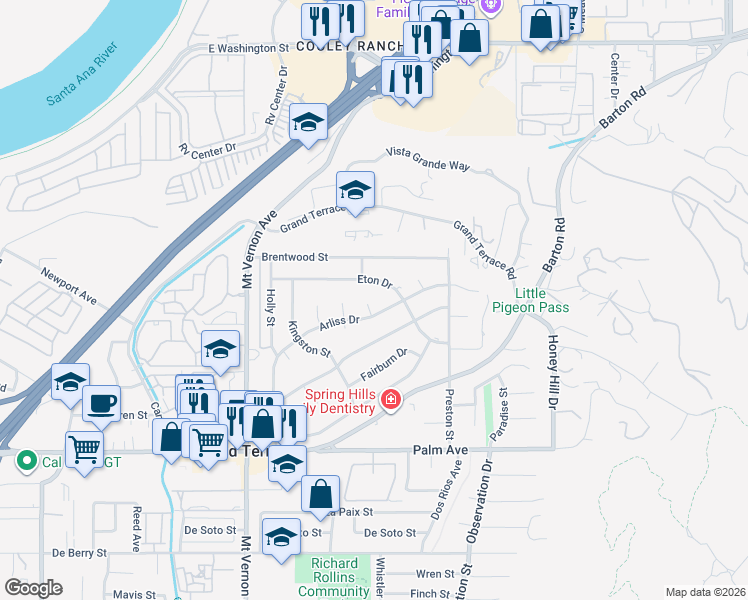map of restaurants, bars, coffee shops, grocery stores, and more near 11815 Arliss Way in Grand Terrace