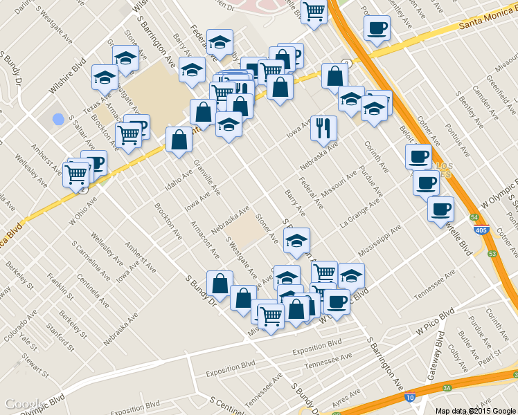 map of restaurants, bars, coffee shops, grocery stores, and more near 1810 Stoner Avenue in Los Angeles