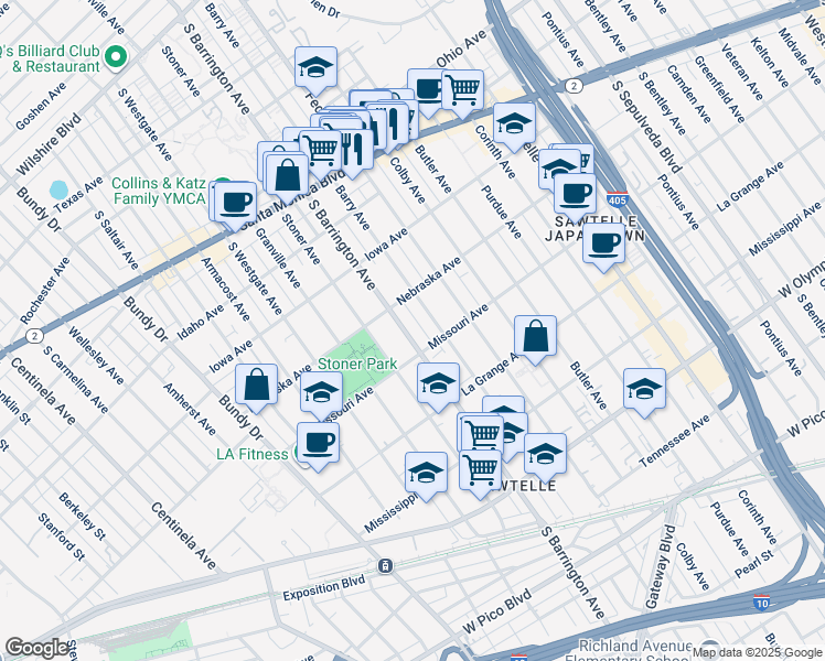 map of restaurants, bars, coffee shops, grocery stores, and more near 1832 South Barrington Avenue in Los Angeles
