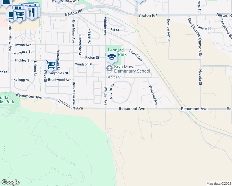 map of restaurants, bars, coffee shops, grocery stores, and more near 26311 Antonio Circle in Loma Linda