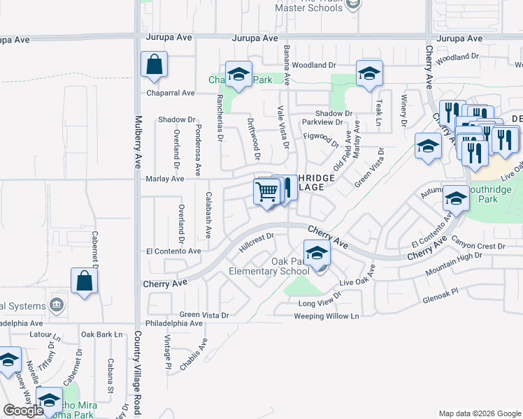 map of restaurants, bars, coffee shops, grocery stores, and more near 14046 Bluewood Drive in Fontana