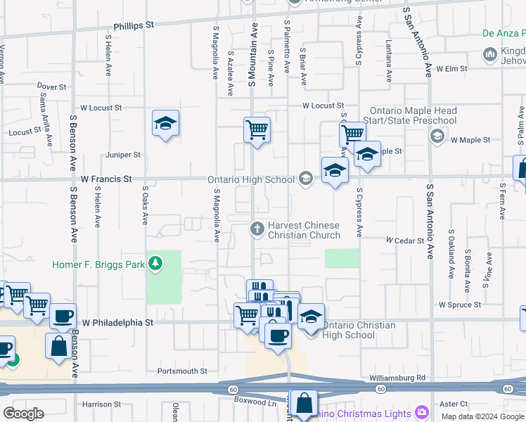 map of restaurants, bars, coffee shops, grocery stores, and more near 1051 West Francis Street in Ontario