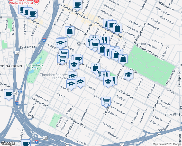 map of restaurants, bars, coffee shops, grocery stores, and more near 2700 East 3rd Street in Los Angeles