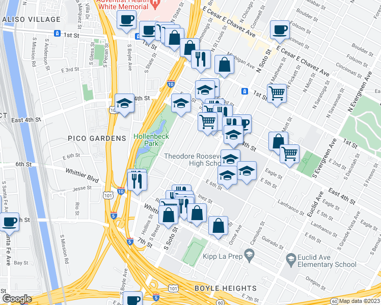 map of restaurants, bars, coffee shops, grocery stores, and more near 516 South Chicago Street in Los Angeles