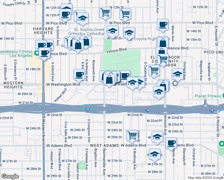 map of restaurants, bars, coffee shops, grocery stores, and more near 1852 West Washington Boulevard in Los Angeles
