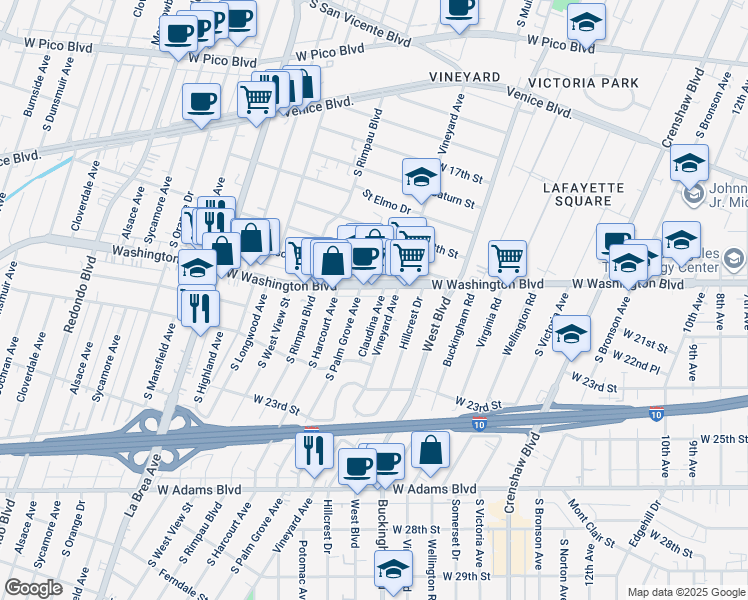 map of restaurants, bars, coffee shops, grocery stores, and more near 4632 West Washington Boulevard in Los Angeles