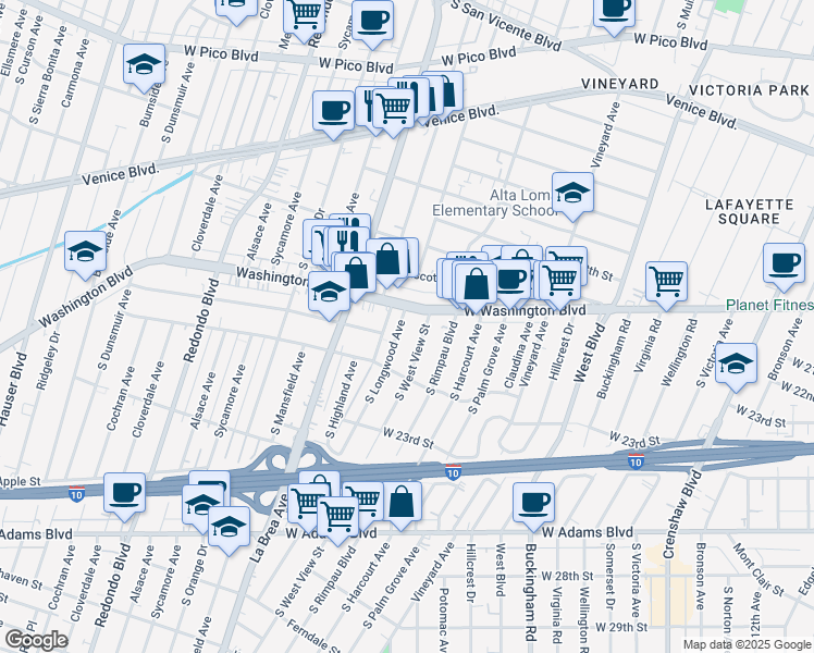 map of restaurants, bars, coffee shops, grocery stores, and more near 1900 South Longwood Avenue in Los Angeles