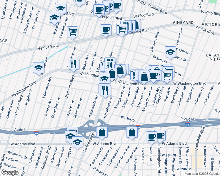 map of restaurants, bars, coffee shops, grocery stores, and more near 4917 West 20th Street in Los Angeles