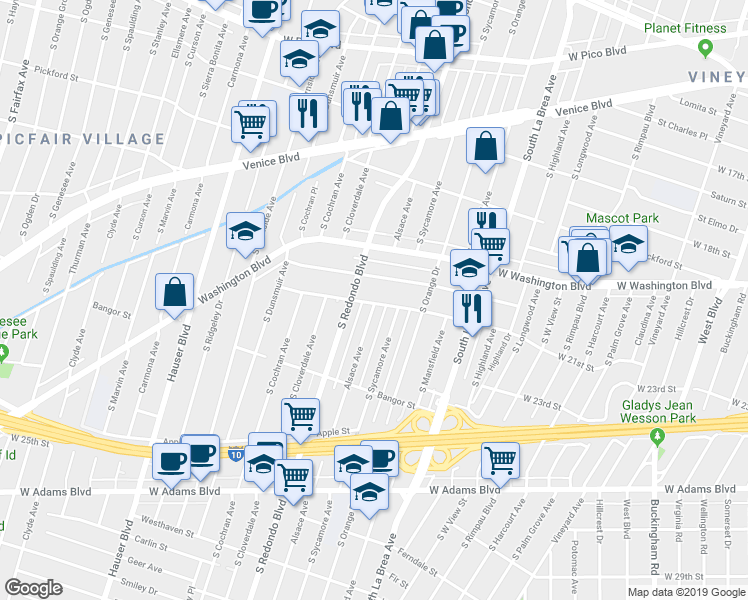 map of restaurants, bars, coffee shops, grocery stores, and more near 5147 West 21st Street in Los Angeles