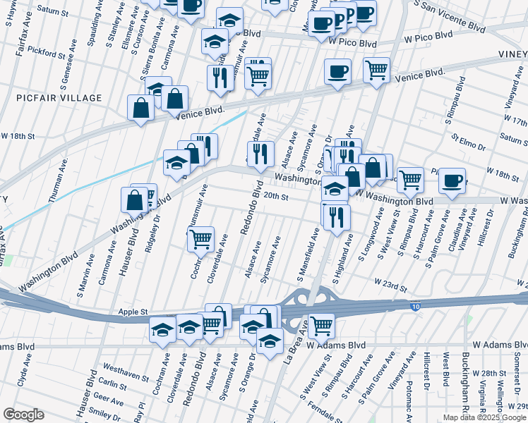map of restaurants, bars, coffee shops, grocery stores, and more near 5147 West 21st Street in Los Angeles