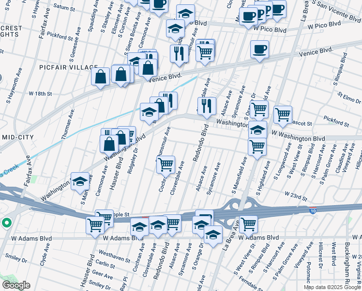 map of restaurants, bars, coffee shops, grocery stores, and more near 2101 South Cochran Avenue in Los Angeles