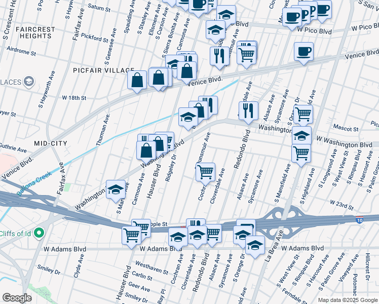map of restaurants, bars, coffee shops, grocery stores, and more near 2026 South Burnside Avenue in Los Angeles