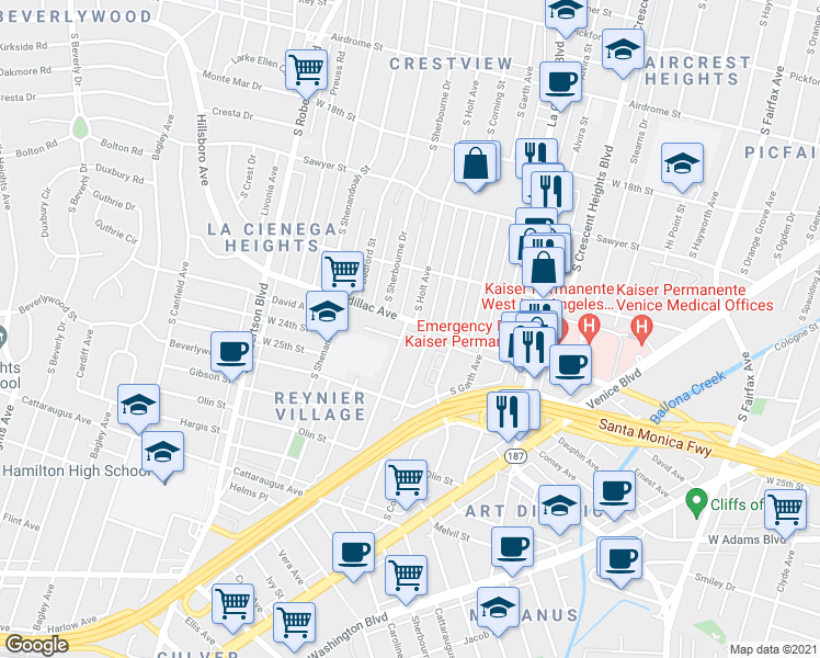 map of restaurants, bars, coffee shops, grocery stores, and more near 2050 South Holt Avenue in Los Angeles