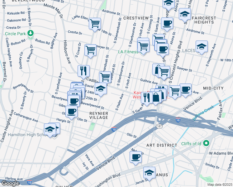 map of restaurants, bars, coffee shops, grocery stores, and more near 8822 Cadillac Avenue in Los Angeles