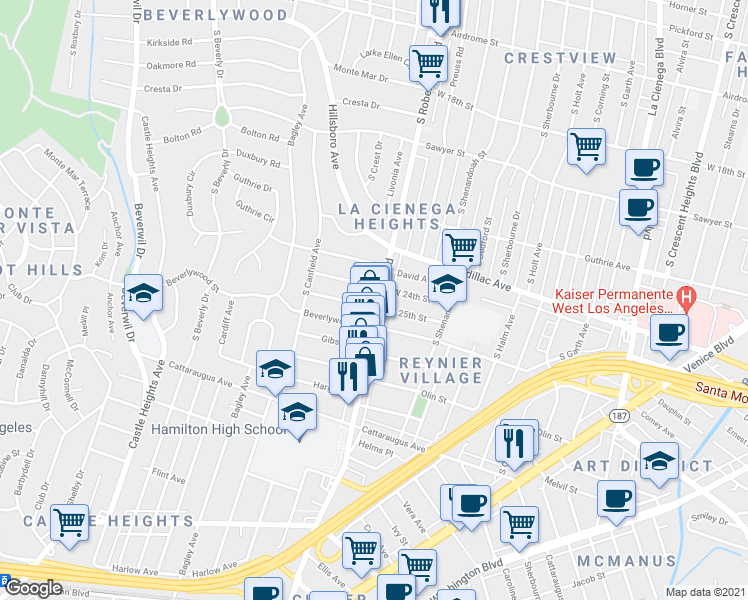 map of restaurants, bars, coffee shops, grocery stores, and more near 9023 West 25th Street in Los Angeles