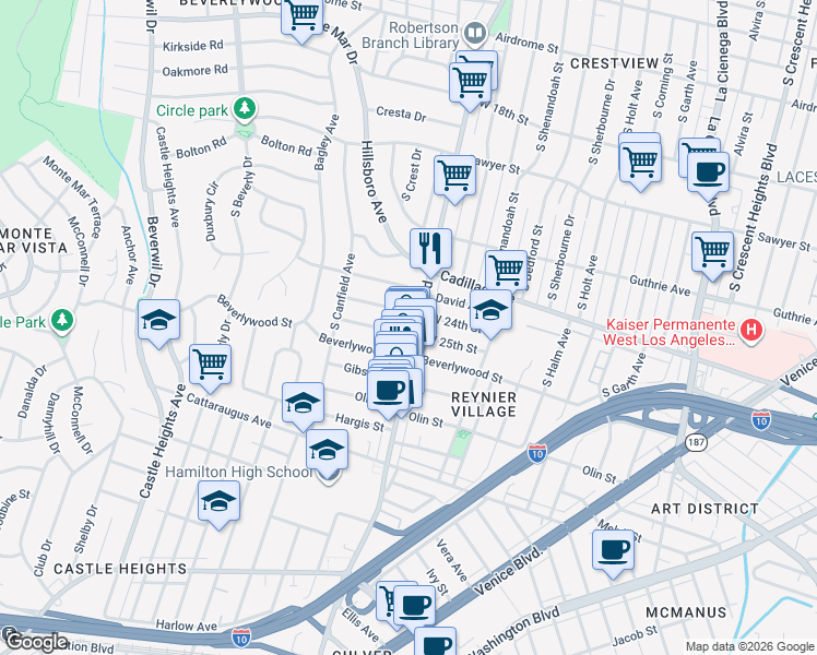 map of restaurants, bars, coffee shops, grocery stores, and more near 9023 West 25th Street in Los Angeles
