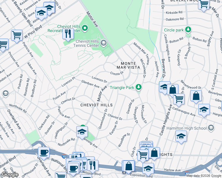 map of restaurants, bars, coffee shops, grocery stores, and more near 2881 Forrester Drive in Los Angeles
