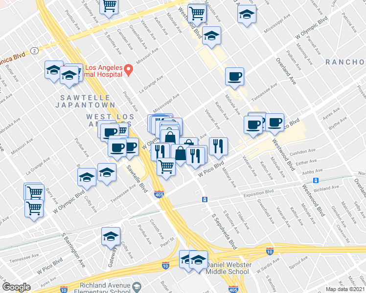 map of restaurants, bars, coffee shops, grocery stores, and more near 11053 Tennessee Avenue in Los Angeles