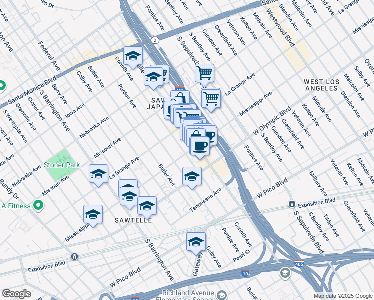 map of restaurants, bars, coffee shops, grocery stores, and more near 11315 Mississippi Avenue in Los Angeles