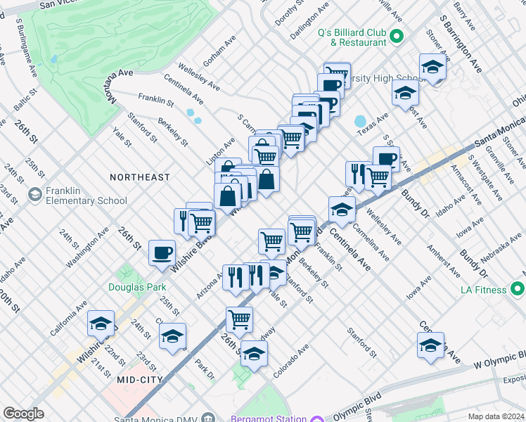 map of restaurants, bars, coffee shops, grocery stores, and more near 1226 Franklin Street in Santa Monica