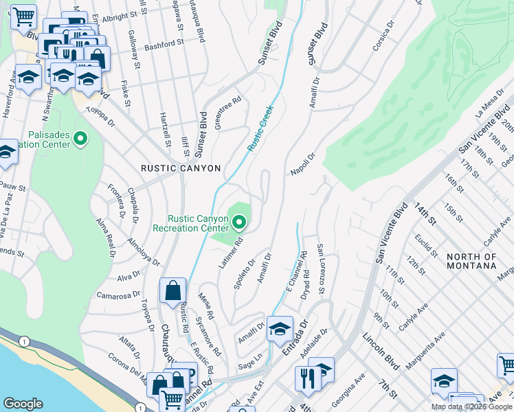 map of restaurants, bars, coffee shops, grocery stores, and more near 7 Latimer Road in Santa Monica