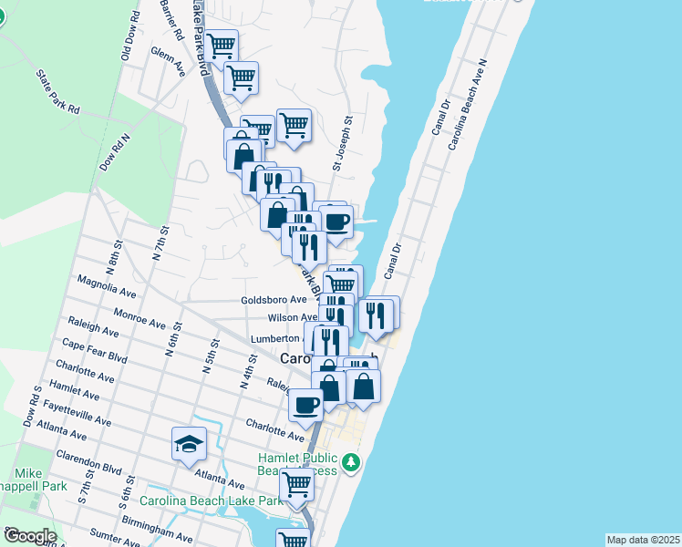 map of restaurants, bars, coffee shops, grocery stores, and more near 670 Saint Joseph Street in Carolina Beach