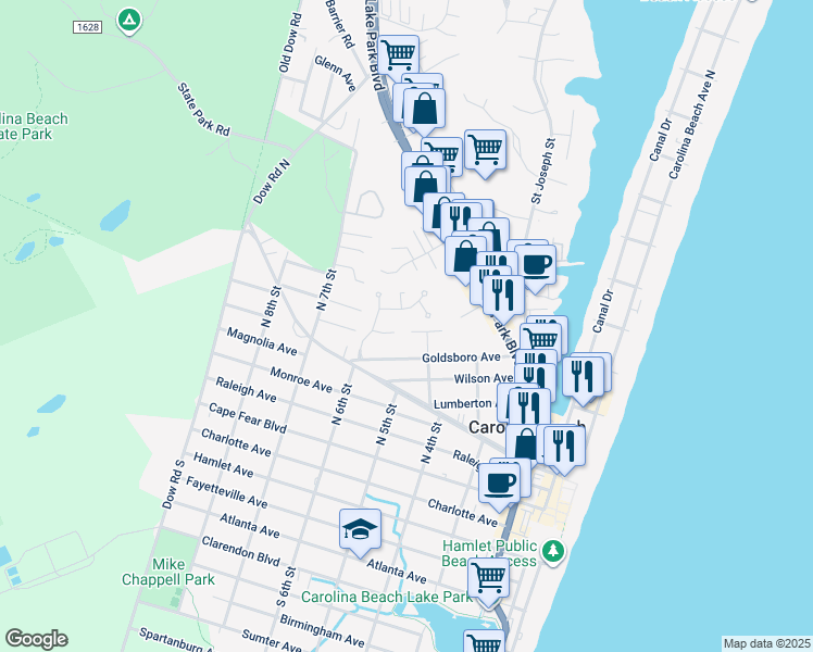 map of restaurants, bars, coffee shops, grocery stores, and more near 408 Ivy Lane in Carolina Beach