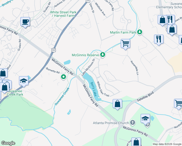 map of restaurants, bars, coffee shops, grocery stores, and more near 3574 Willow Glen Trail in Suwanee