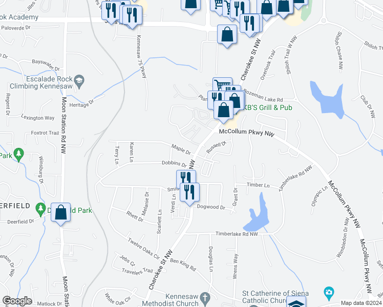 map of restaurants, bars, coffee shops, grocery stores, and more near 3541 Cherokee Street Northwest in Kennesaw