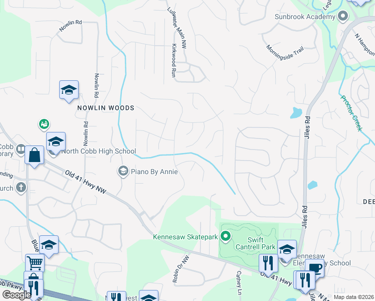 map of restaurants, bars, coffee shops, grocery stores, and more near 3550 Myrtlewood Chase Northwest in Kennesaw