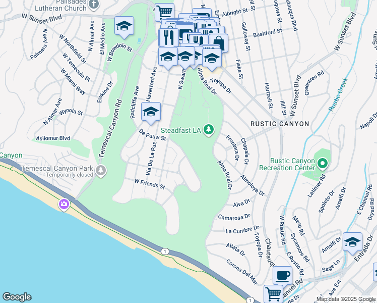 map of restaurants, bars, coffee shops, grocery stores, and more near 15305 De Pauw Street in Los Angeles