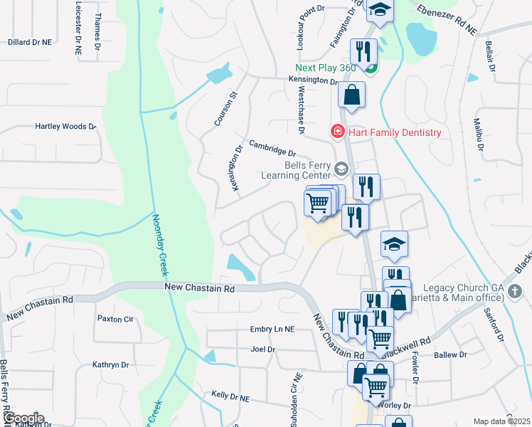 map of restaurants, bars, coffee shops, grocery stores, and more near 3471 Chastain Glen Lane Northeast in Marietta