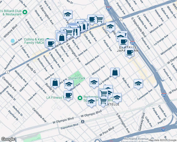 map of restaurants, bars, coffee shops, grocery stores, and more near 1832 South Barrington Avenue in Los Angeles