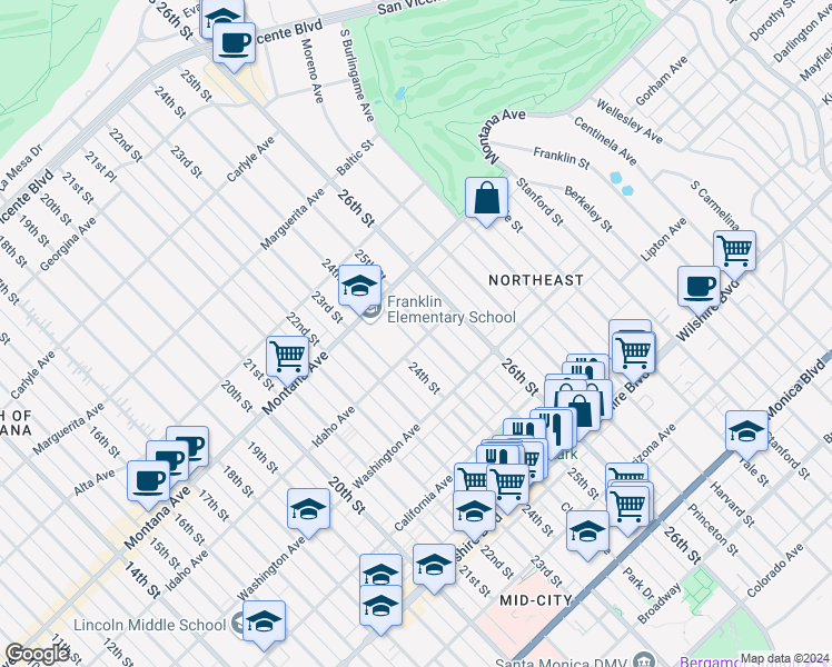 map of restaurants, bars, coffee shops, grocery stores, and more near 854 25th Street in Santa Monica