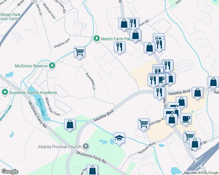 map of restaurants, bars, coffee shops, grocery stores, and more near 620 Golden Meadows Lane in Suwanee