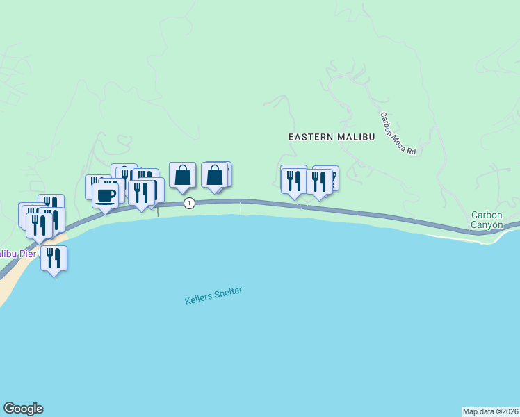 map of restaurants, bars, coffee shops, grocery stores, and more near 22416 Pacific Coast Highway in Malibu