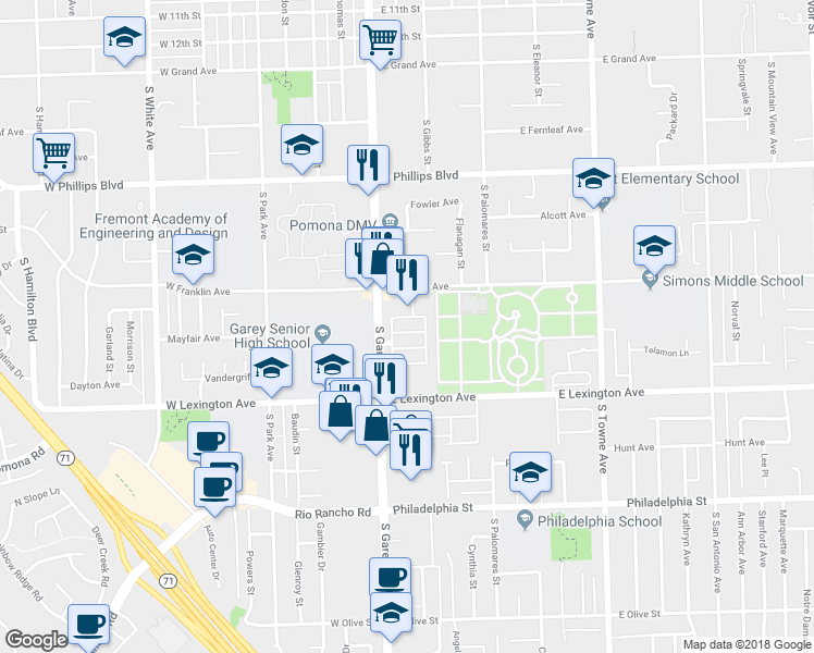 map of restaurants, bars, coffee shops, grocery stores, and more near 145 Brookmont Lane in Pomona