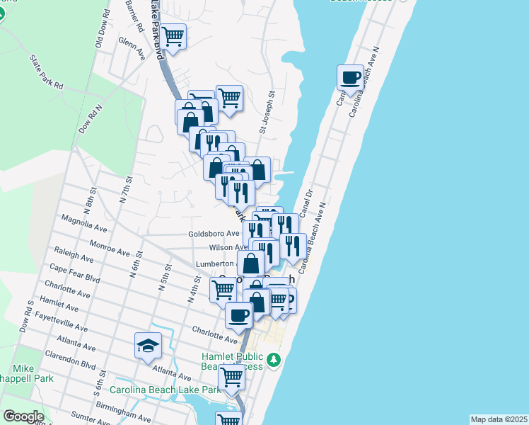 map of restaurants, bars, coffee shops, grocery stores, and more near 670 Saint Joseph Street in Carolina Beach