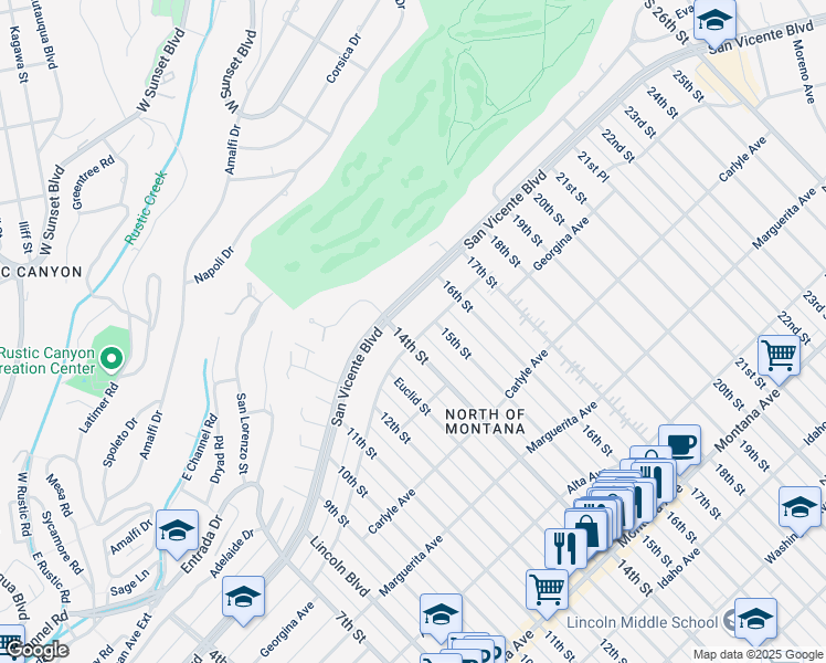 map of restaurants, bars, coffee shops, grocery stores, and more near 1407 Georgina Avenue in Santa Monica
