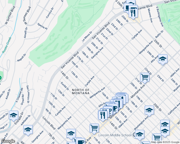 map of restaurants, bars, coffee shops, grocery stores, and more near 322 17th Street in Santa Monica