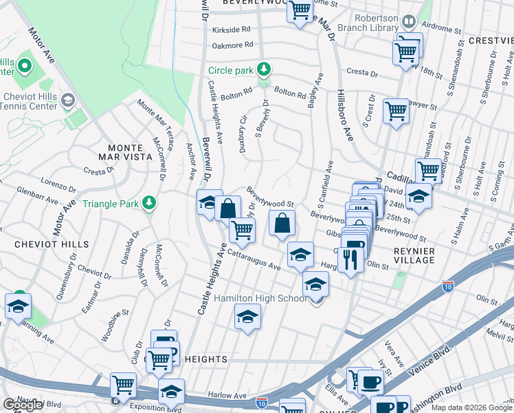 map of restaurants, bars, coffee shops, grocery stores, and more near 2612 South Beverly Drive in Los Angeles