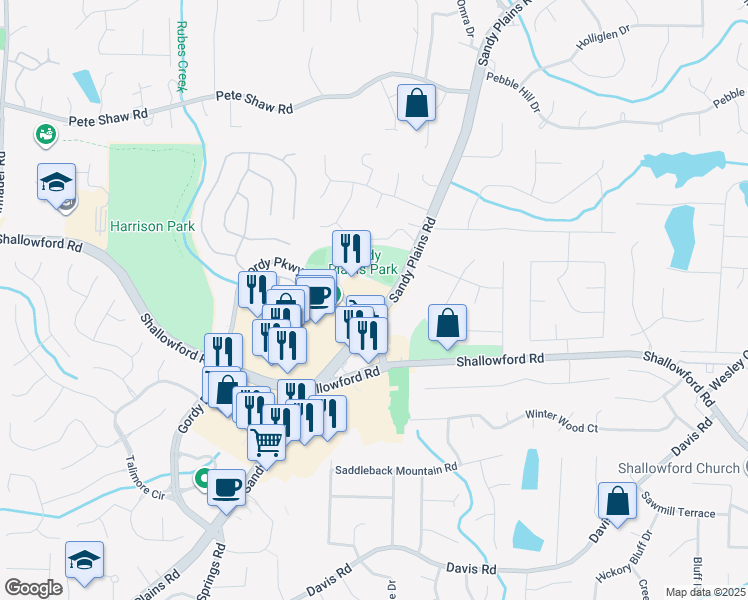 map of restaurants, bars, coffee shops, grocery stores, and more near 3621 Sandy Plains Road in Marietta