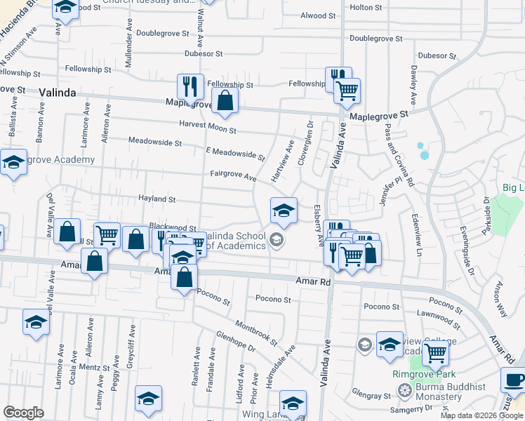 map of restaurants, bars, coffee shops, grocery stores, and more near 1140 Indian Summer Avenue in La Puente