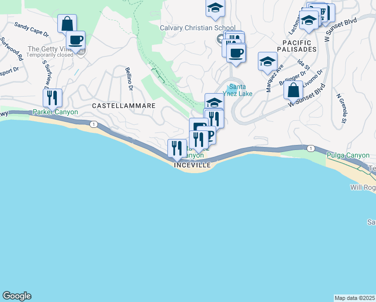 map of restaurants, bars, coffee shops, grocery stores, and more near 17385 Sunset Boulevard in Los Angeles